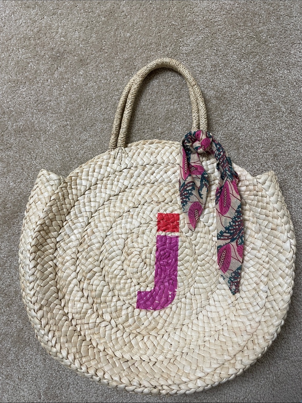 Maud Fourier Paris for Anthropologie  Round Straw Tote with Initial “J”